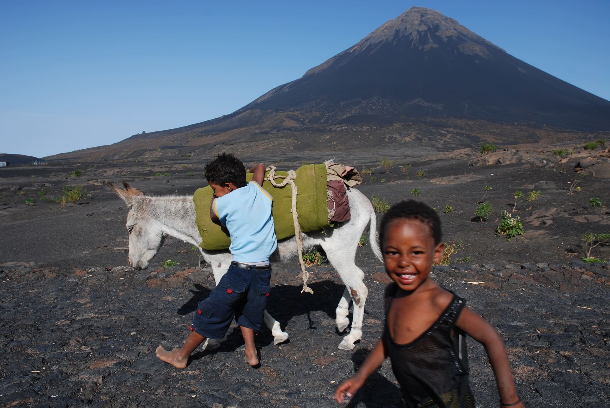 Enfants jouent avec un âne, île de Fogo, au Cap Vert